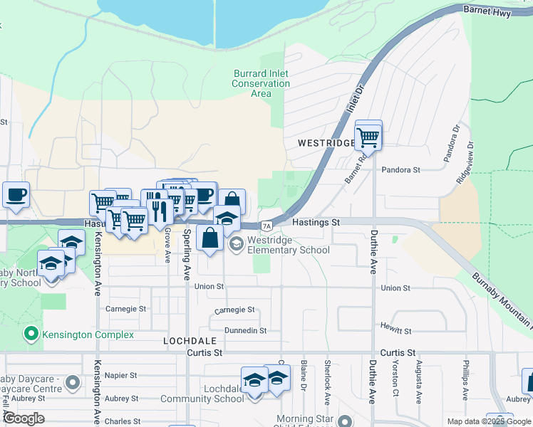 map of restaurants, bars, coffee shops, grocery stores, and more near 5627 Pandora Street in Burnaby