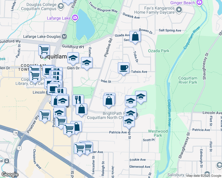 map of restaurants, bars, coffee shops, grocery stores, and more near 1150 Kensal Place in Coquitlam