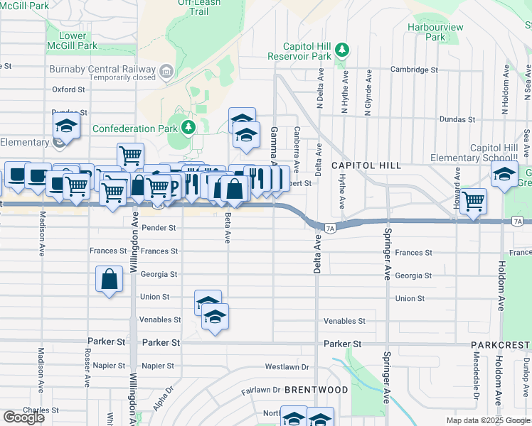 map of restaurants, bars, coffee shops, grocery stores, and more near 4780 Hastings Street in Burnaby