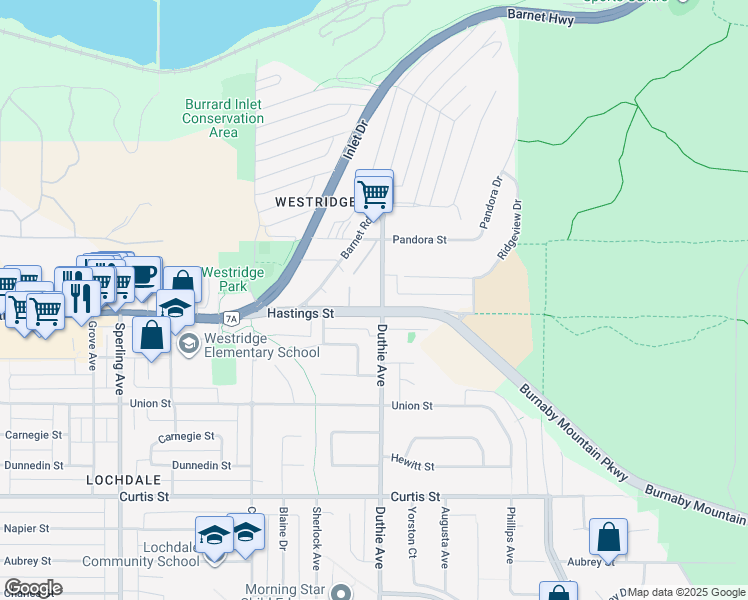 map of restaurants, bars, coffee shops, grocery stores, and more near 355 Duthie Avenue in Burnaby