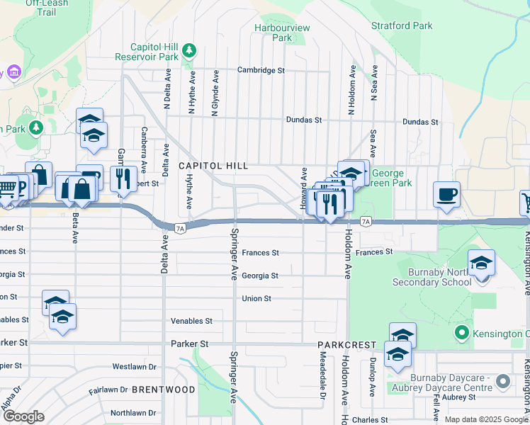 map of restaurants, bars, coffee shops, grocery stores, and more near in Burnaby