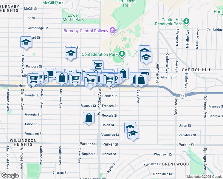 map of restaurants, bars, coffee shops, grocery stores, and more near 4526 Hastings Street in Burnaby