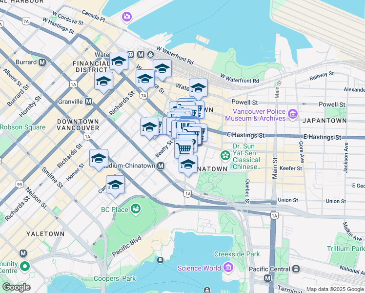 map of restaurants, bars, coffee shops, grocery stores, and more near 525 Abbott Street in Vancouver