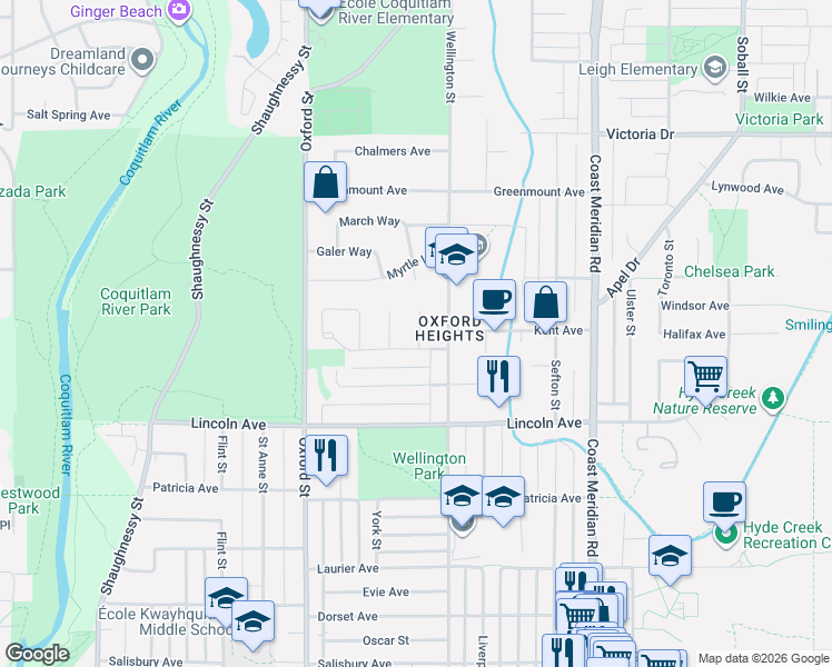 map of restaurants, bars, coffee shops, grocery stores, and more near 3825 Azalea Place in Port Coquitlam