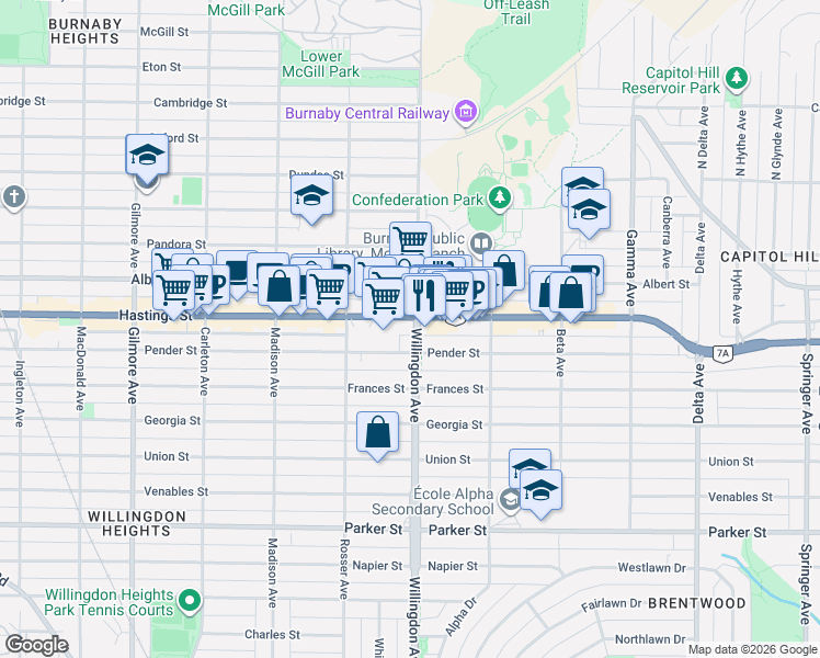 map of restaurants, bars, coffee shops, grocery stores, and more near 4488 Hastings Street in Burnaby