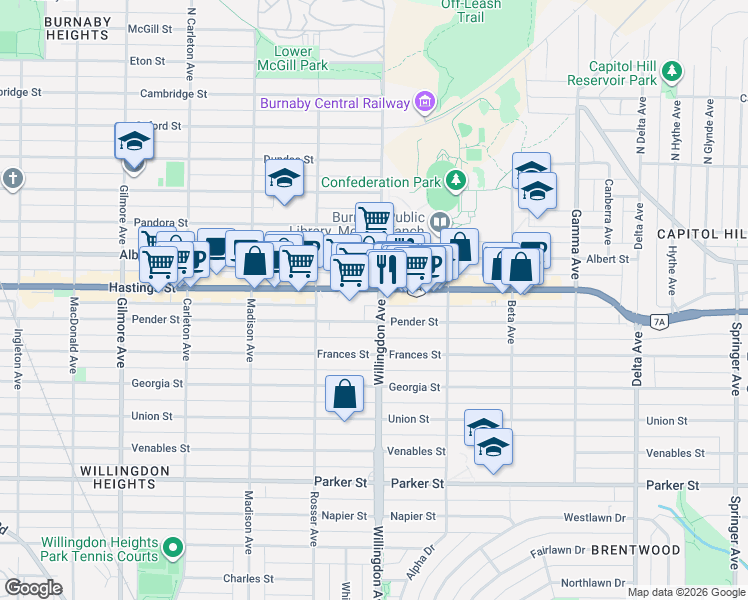 map of restaurants, bars, coffee shops, grocery stores, and more near 4488 Hastings Street in Burnaby