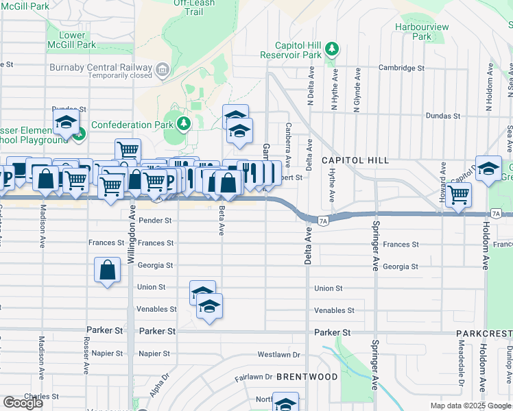 map of restaurants, bars, coffee shops, grocery stores, and more near 4780 Hastings Street in Burnaby