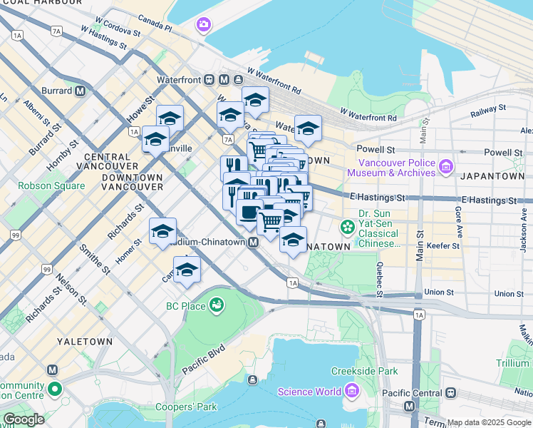 map of restaurants, bars, coffee shops, grocery stores, and more near 528 Beatty Street in Vancouver