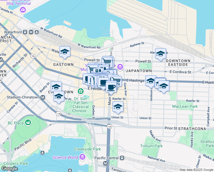 map of restaurants, bars, coffee shops, grocery stores, and more near in Vancouver