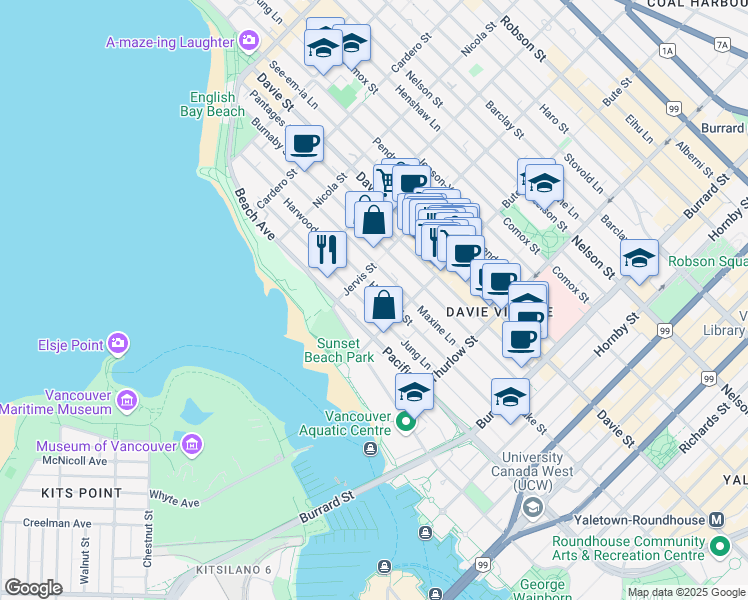 map of restaurants, bars, coffee shops, grocery stores, and more near 1232 Harwood Street in Vancouver