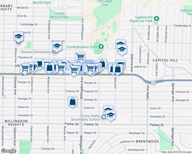map of restaurants, bars, coffee shops, grocery stores, and more near 4526 Hastings Street in Burnaby