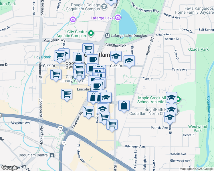 map of restaurants, bars, coffee shops, grocery stores, and more near Heffley Crescent in Coquitlam