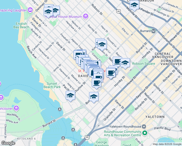 map of restaurants, bars, coffee shops, grocery stores, and more near 1111 Davie Street in Vancouver
