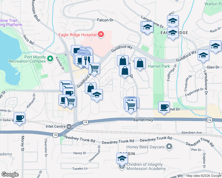 map of restaurants, bars, coffee shops, grocery stores, and more near 302 Afton Lane in Port Moody