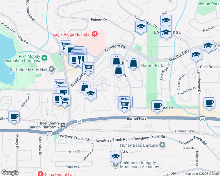 map of restaurants, bars, coffee shops, grocery stores, and more near 303 Afton Lane in Port Moody