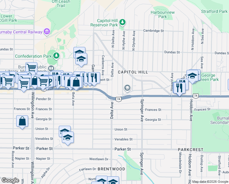 map of restaurants, bars, coffee shops, grocery stores, and more near 380 Delta Avenue in Burnaby