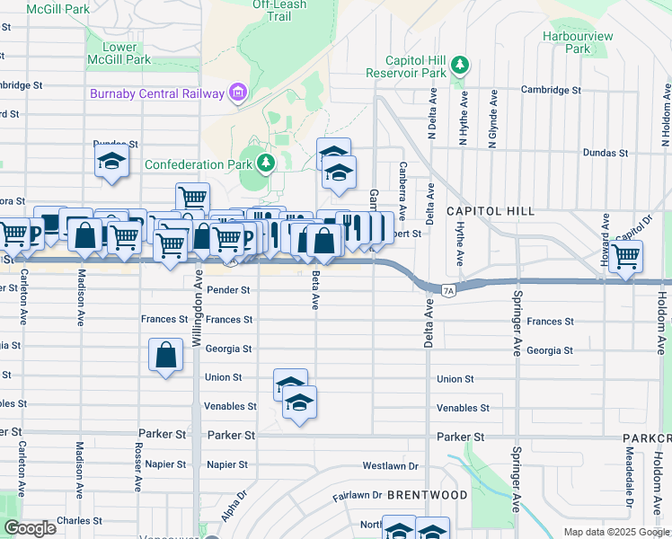 map of restaurants, bars, coffee shops, grocery stores, and more near 4688 Hastings Street in Burnaby