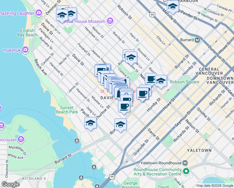 map of restaurants, bars, coffee shops, grocery stores, and more near 1111 Davie Street in Vancouver