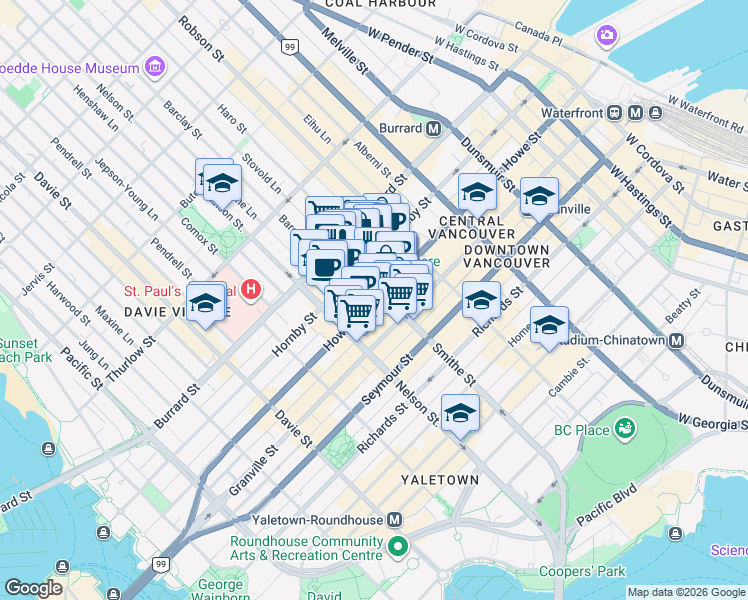 map of restaurants, bars, coffee shops, grocery stores, and more near Howe Street in Vancouver