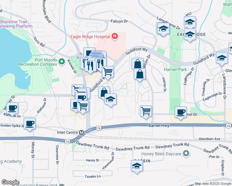 map of restaurants, bars, coffee shops, grocery stores, and more near in Port Moody
