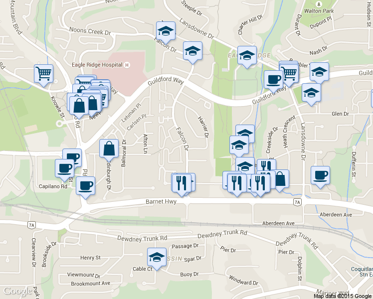 map of restaurants, bars, coffee shops, grocery stores, and more near 1140 Falcon Drive in Coquitlam