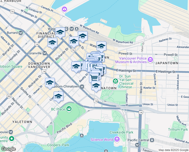 map of restaurants, bars, coffee shops, grocery stores, and more near 525 Abbott Street in Vancouver