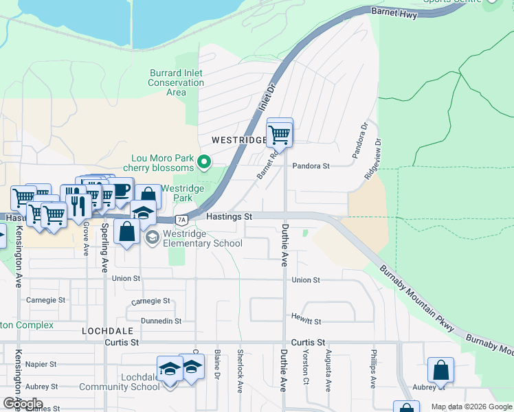 map of restaurants, bars, coffee shops, grocery stores, and more near 7110 Barnet Road in Burnaby