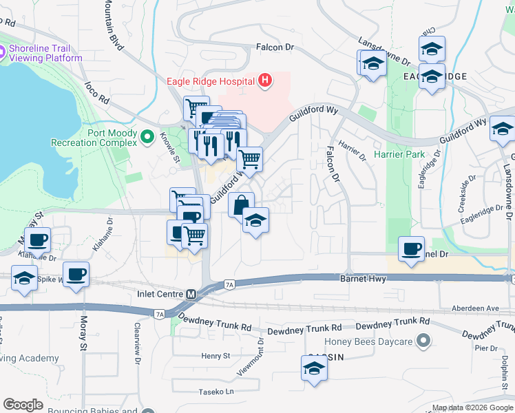 map of restaurants, bars, coffee shops, grocery stores, and more near 202 Balmoral Place in Port Moody