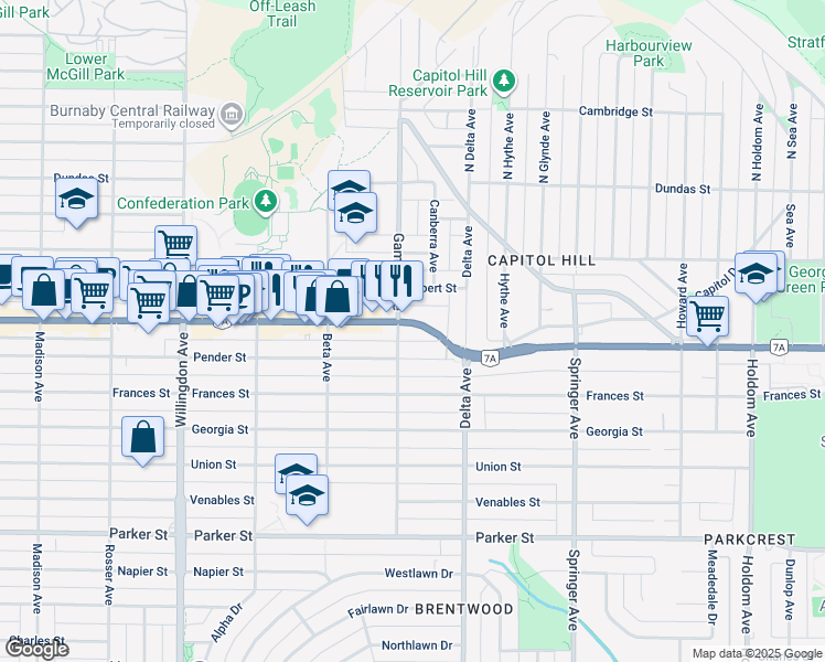 map of restaurants, bars, coffee shops, grocery stores, and more near 4838 Hastings Street in Burnaby
