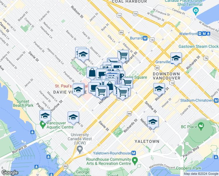 map of restaurants, bars, coffee shops, grocery stores, and more near 938 Nelson Street in Vancouver