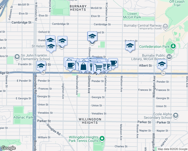 map of restaurants, bars, coffee shops, grocery stores, and more near in Burnaby