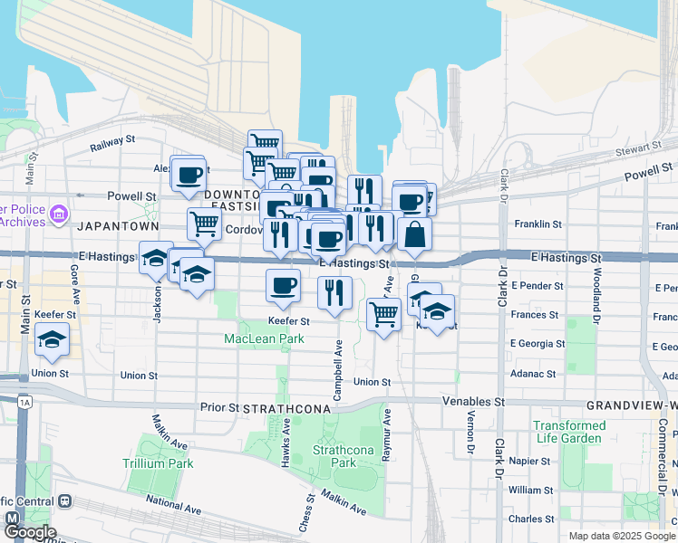 map of restaurants, bars, coffee shops, grocery stores, and more near in Vancouver