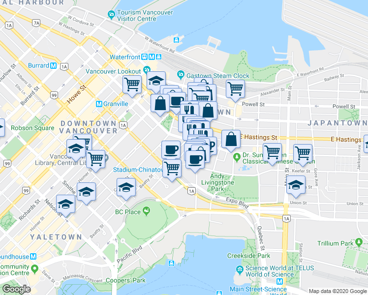 map of restaurants, bars, coffee shops, grocery stores, and more near 140 West Pender Street in Vancouver
