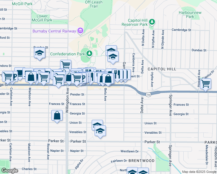 map of restaurants, bars, coffee shops, grocery stores, and more near 4710 Hastings Street in Burnaby