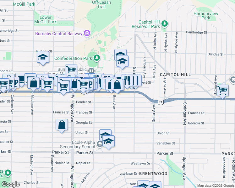 map of restaurants, bars, coffee shops, grocery stores, and more near 4710 Hastings Street in Burnaby