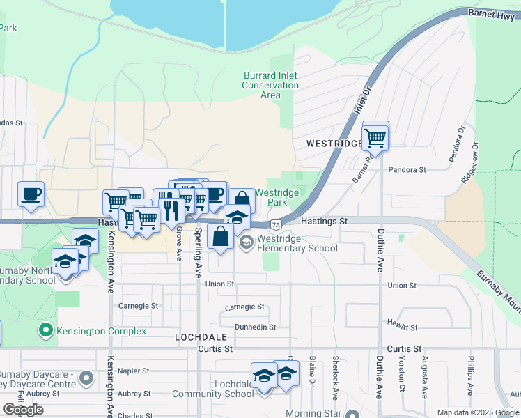 map of restaurants, bars, coffee shops, grocery stores, and more near 6939 Hastings Street in Burnaby