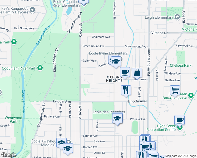map of restaurants, bars, coffee shops, grocery stores, and more near 3815 Broom Place in Port Coquitlam