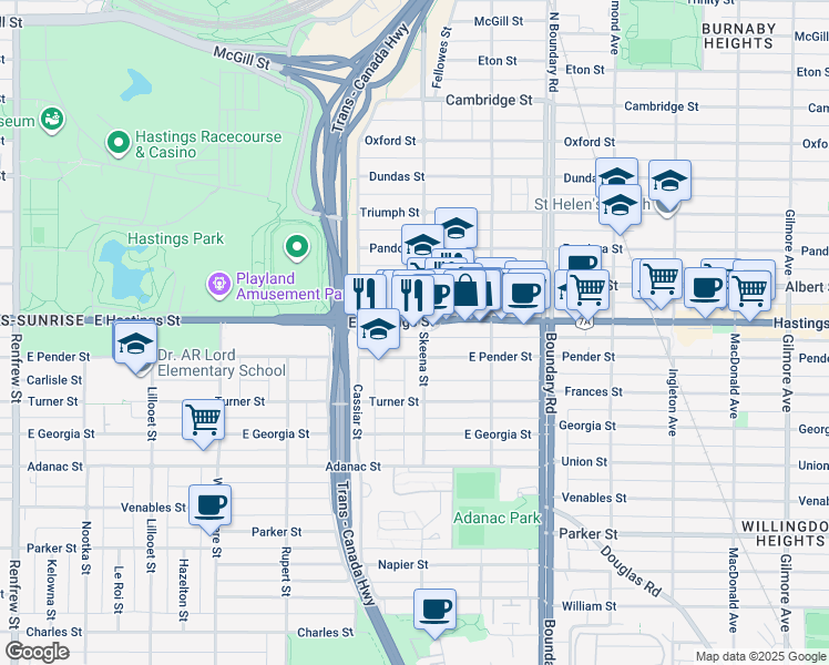 map of restaurants, bars, coffee shops, grocery stores, and more near 405 Skeena Street in Vancouver