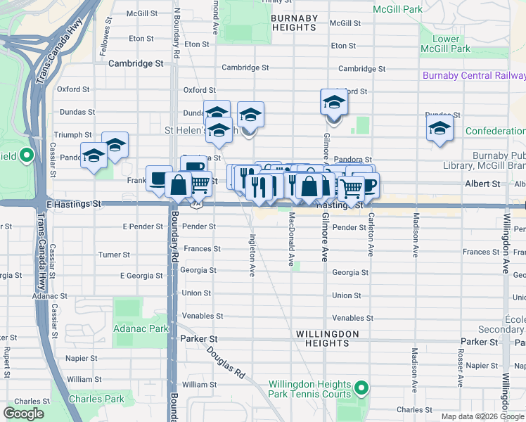 map of restaurants, bars, coffee shops, grocery stores, and more near 3920 Hastings Street in Burnaby