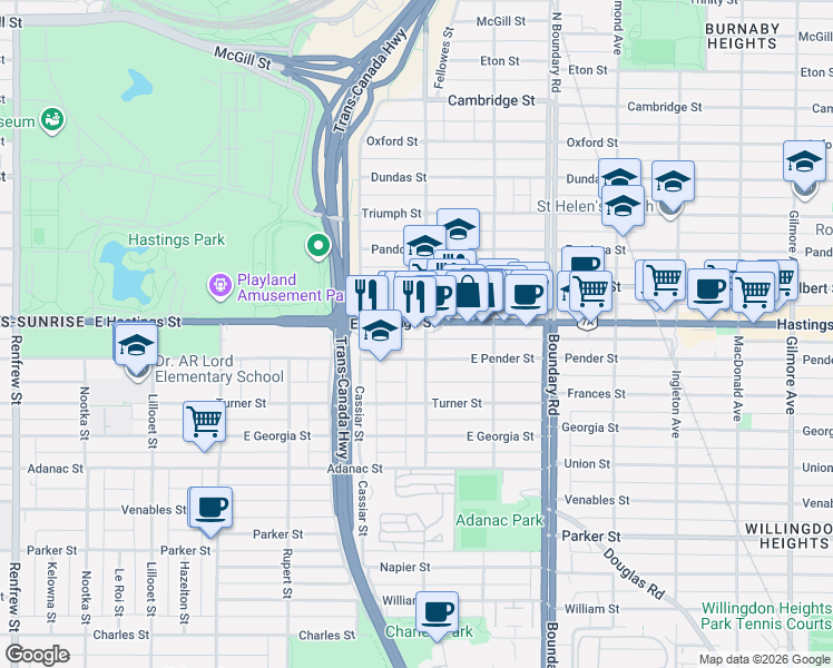 map of restaurants, bars, coffee shops, grocery stores, and more near 405 Skeena Street in Vancouver