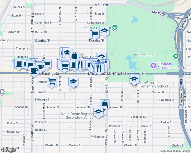 map of restaurants, bars, coffee shops, grocery stores, and more near East Hastings Street in Vancouver