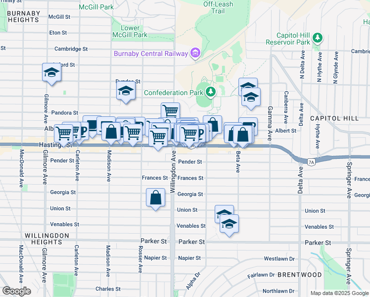 map of restaurants, bars, coffee shops, grocery stores, and more near 4526 Hastings Street in Burnaby