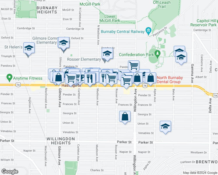 map of restaurants, bars, coffee shops, grocery stores, and more near 4352 Hastings Street in Burnaby