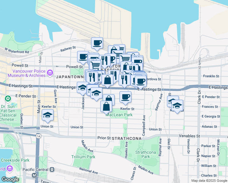 map of restaurants, bars, coffee shops, grocery stores, and more near in Vancouver