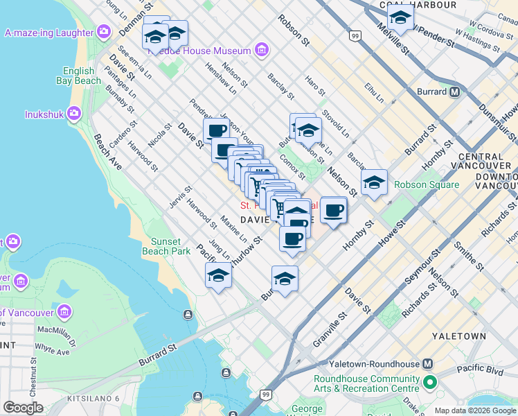 map of restaurants, bars, coffee shops, grocery stores, and more near 1148 Davie Street in Vancouver