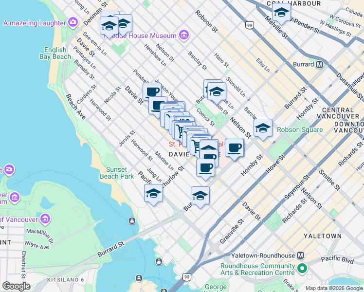 map of restaurants, bars, coffee shops, grocery stores, and more near 1148 Davie Street in Vancouver