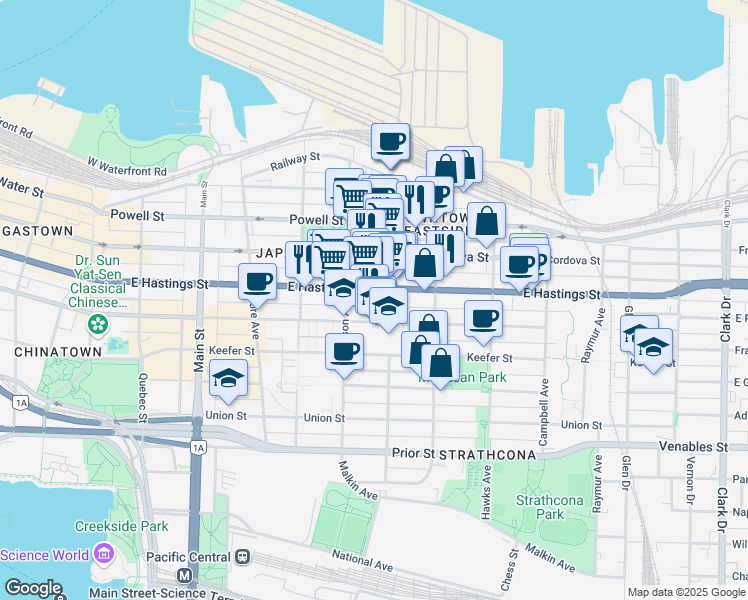 map of restaurants, bars, coffee shops, grocery stores, and more near 552 East Hastings Street in Vancouver