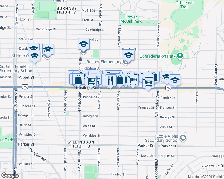 map of restaurants, bars, coffee shops, grocery stores, and more near 4266 Hastings Street in Burnaby