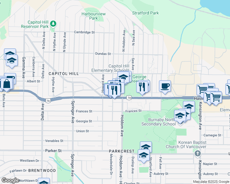 map of restaurants, bars, coffee shops, grocery stores, and more near 380 Ellesmere Avenue in Burnaby