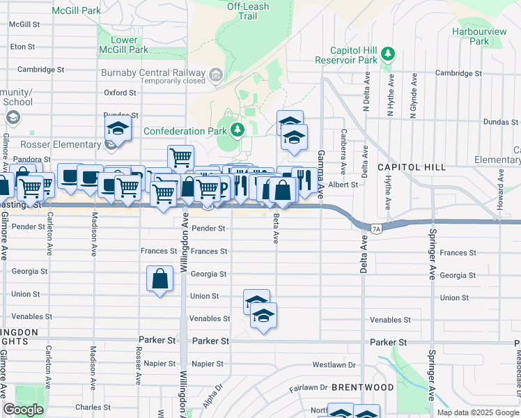 map of restaurants, bars, coffee shops, grocery stores, and more near 4656 Hastings Street in Burnaby